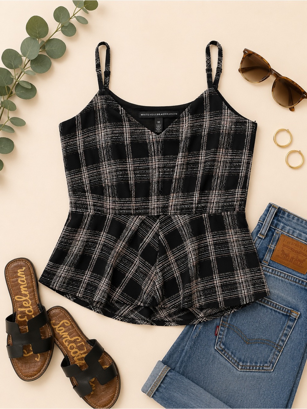 White House Black Market Black Plaid Peplum Cami Tank Size 10